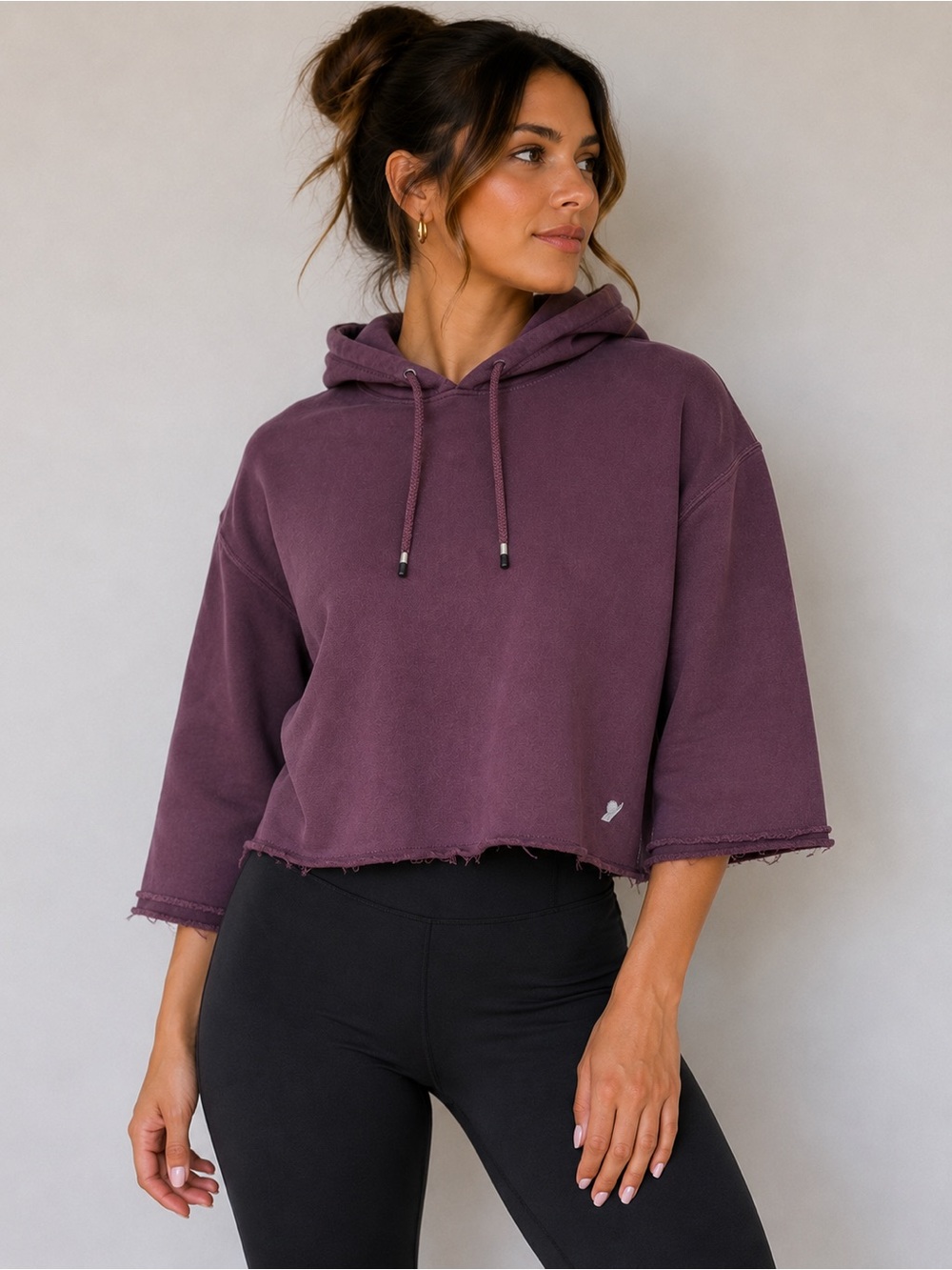 Fundamental Coast Cropped Hoodie Sweatshirt | Plum Purple | Small | Raw Hem